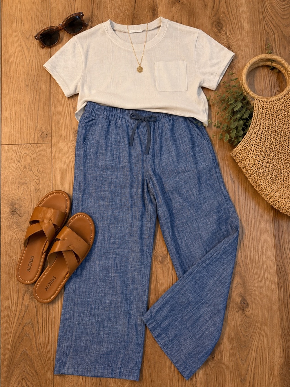 L.L. Bean Chambray Wide-Leg Drawstring Pants - Blue